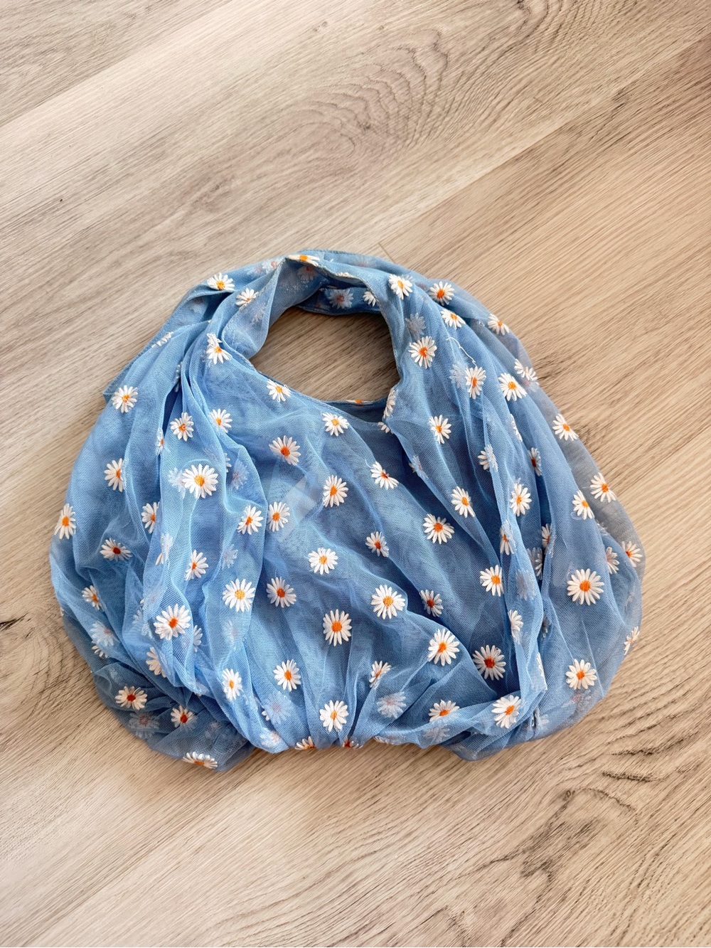 ZARA Blue Daisy Embroidered Tulle Bucket Bag – Floral Mesh Bag